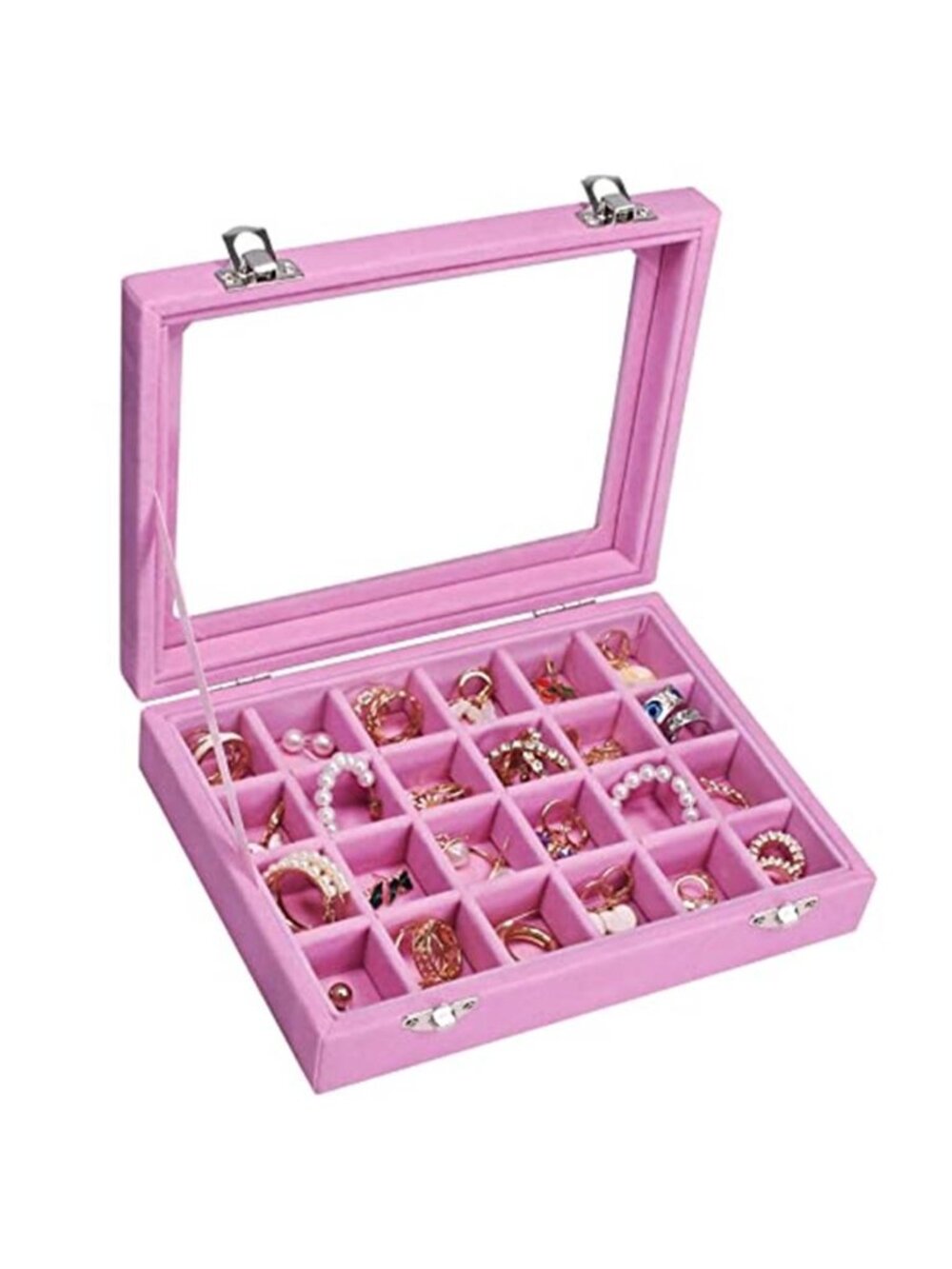 Pink Velvet Jewelry Box 24 Grid Ring Earring Organizer Tray Storage Case Gift
